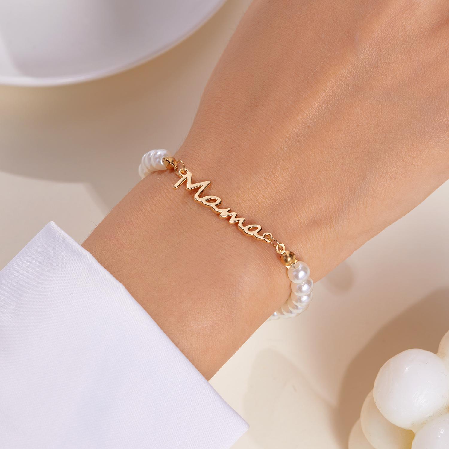 New Elegant Mother s Day Imitation Pearl Bracelet Charm Mama Letter Pendant Stainless Steel Bracelet for Women Jewelry Mom Gift
