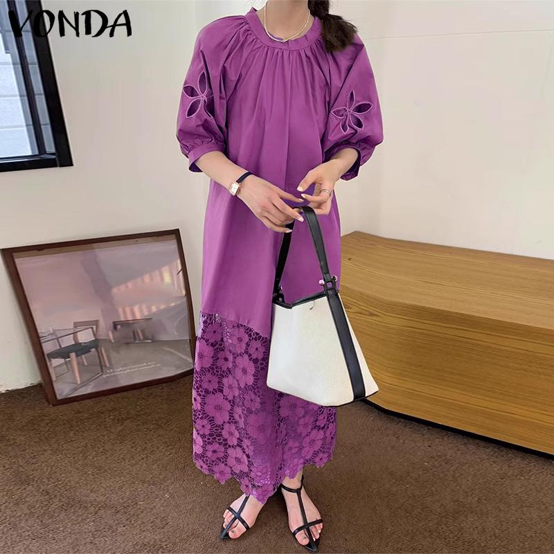 VONDA Summer Women Round Neck Half Sleeve Lace Crochet Patchwork Casual Dress