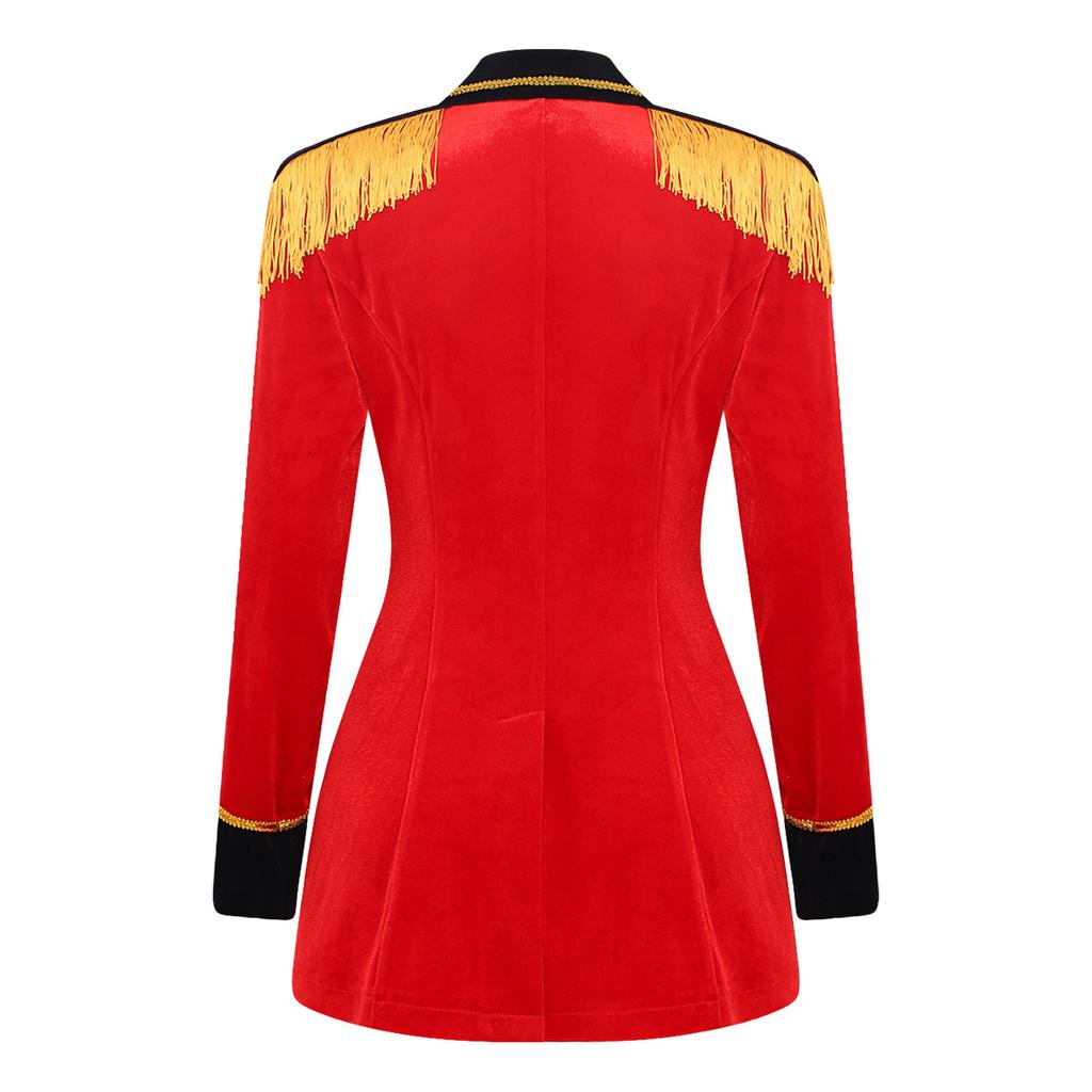 Women Circus Master Outerwear Velvety Lapel V Neck Double-breasted Coat with Gold Lace Tassel Epaulet for Halloween Rave Party