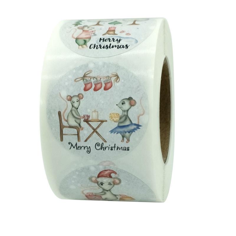 500 buc/rolă autocolante rotunde de Crăciun fericit pentru mouse-ul cu sigiliu de plic