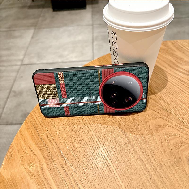 For Xiaomi 15 14 13 Ultra Case Red Green Stripe Pattern Leather Magsafe Individual Metal Keys Matte Anti-Slip Grip Soft Cover