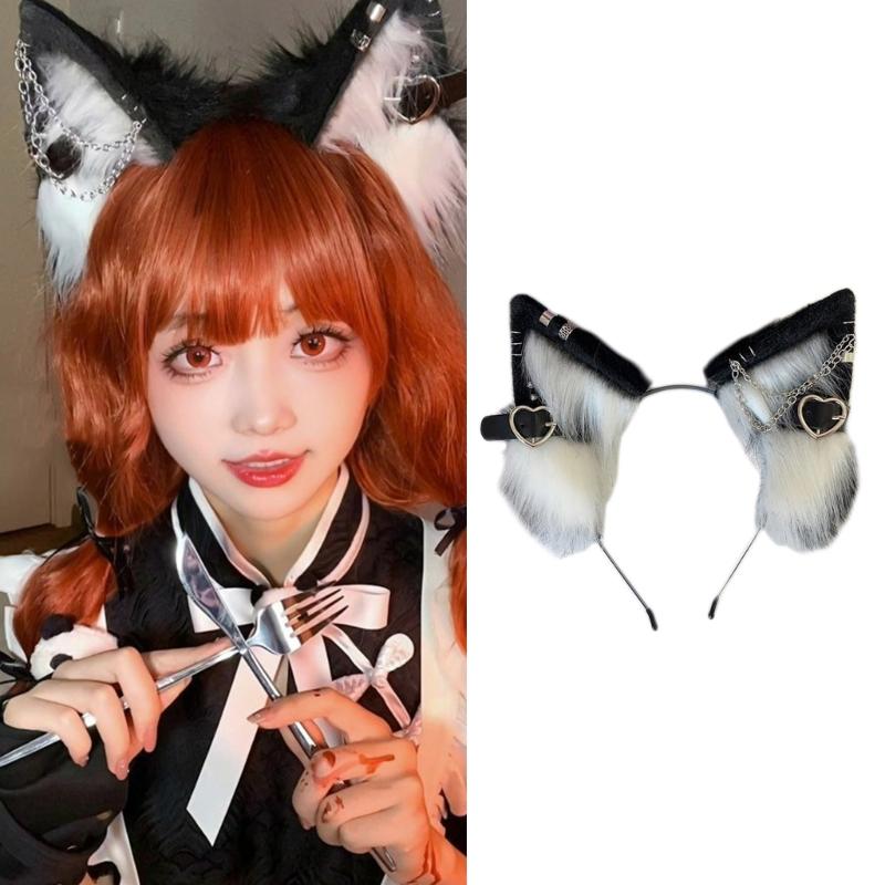 Anime Theme Gatherings Cat Ear Headband with Alloy Earring Movie Enthusiasts Plush Wolf Headband for Teenagers Adult