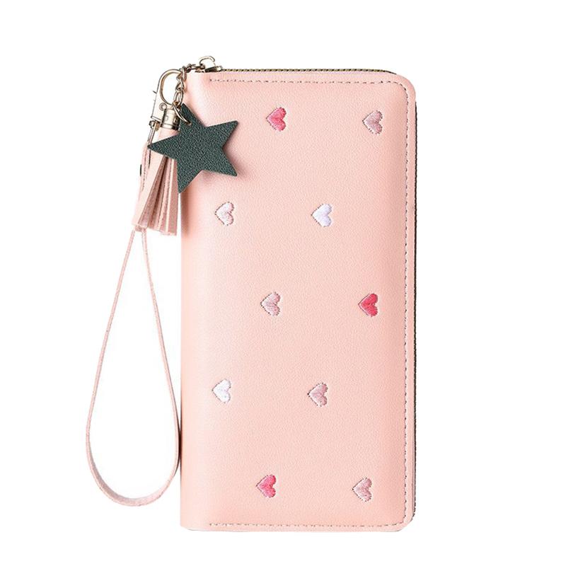 New Long Women Wallet With Heart-Shaped Korean Style Tassel Embroidery Card Holder For Women