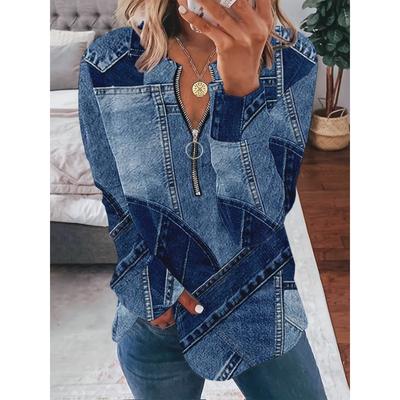 Top de Mujer Casual de Moda para Primavera/Otoño, Nuevo Llegado, Estampado de Mezclilla, con Cremallera, Cuello Redondo, Manga Larga
