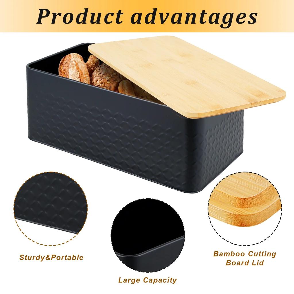 Bread Box With Wooden Lid For Kitchen Countertop - Spacious Container Stores Bread - Quality Cutting Board Lid Keeps Loaf Fresh