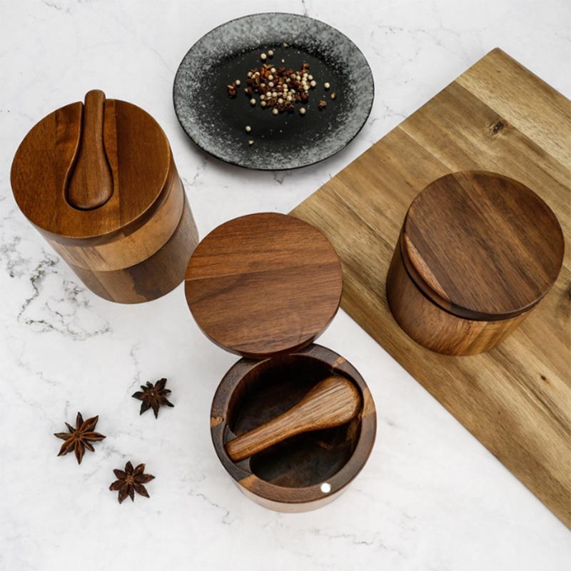 Salt Cellar with Spoon and Swivel Lid, Acacia Wood Salt Salt Keeper, Wood Jar for Kitchen, Perfect for Storing Seasonings