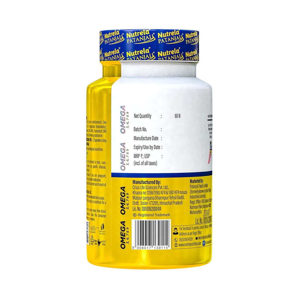 Nutrela Patanjali Omega 3 6 7 9 Vegetarian Softgels Pack of 60 Capsules for Heart Skin Wellness