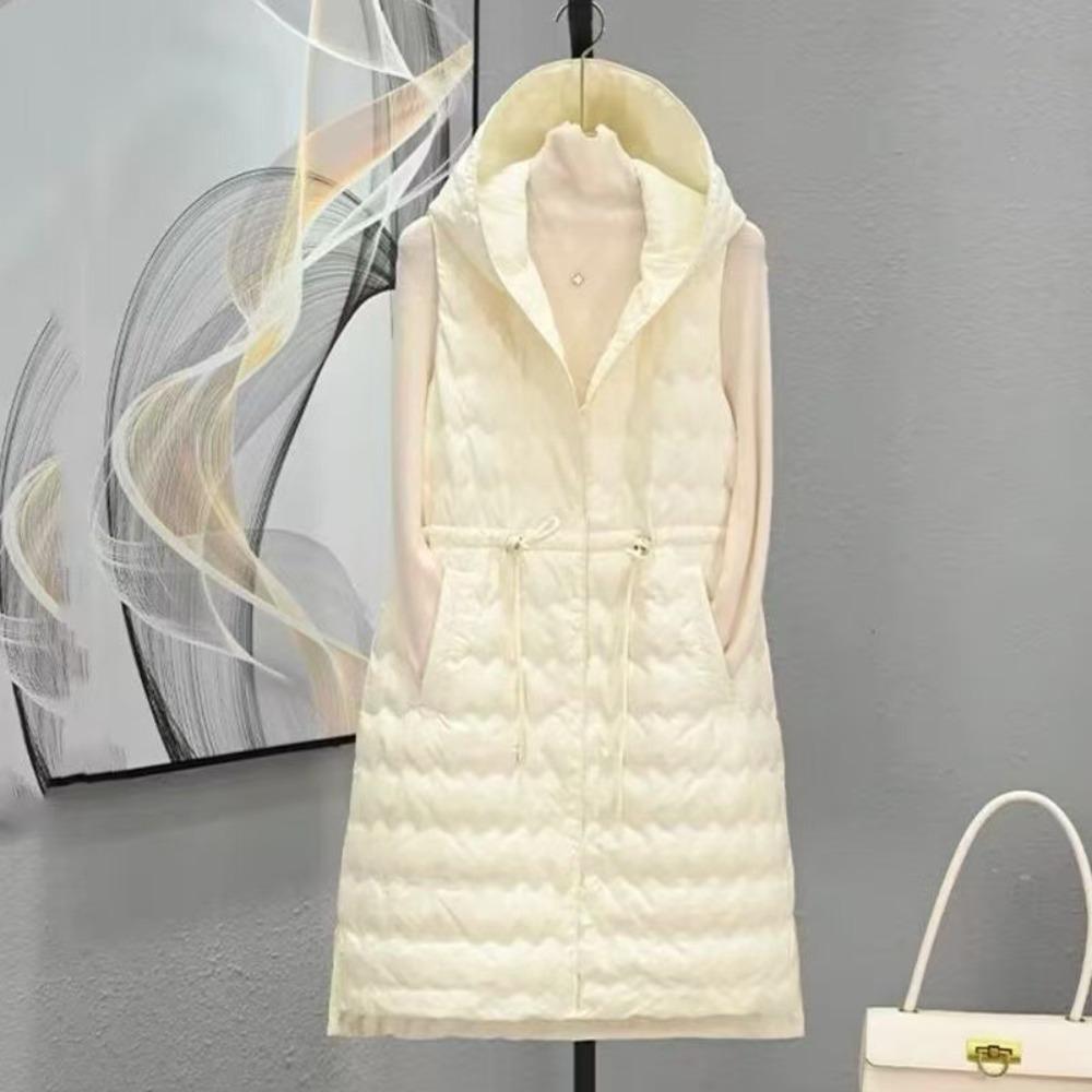 Winter Women's Ultra-light Long Puffer Hooded Vest Women's Casual Slim Shrink Belt Vest