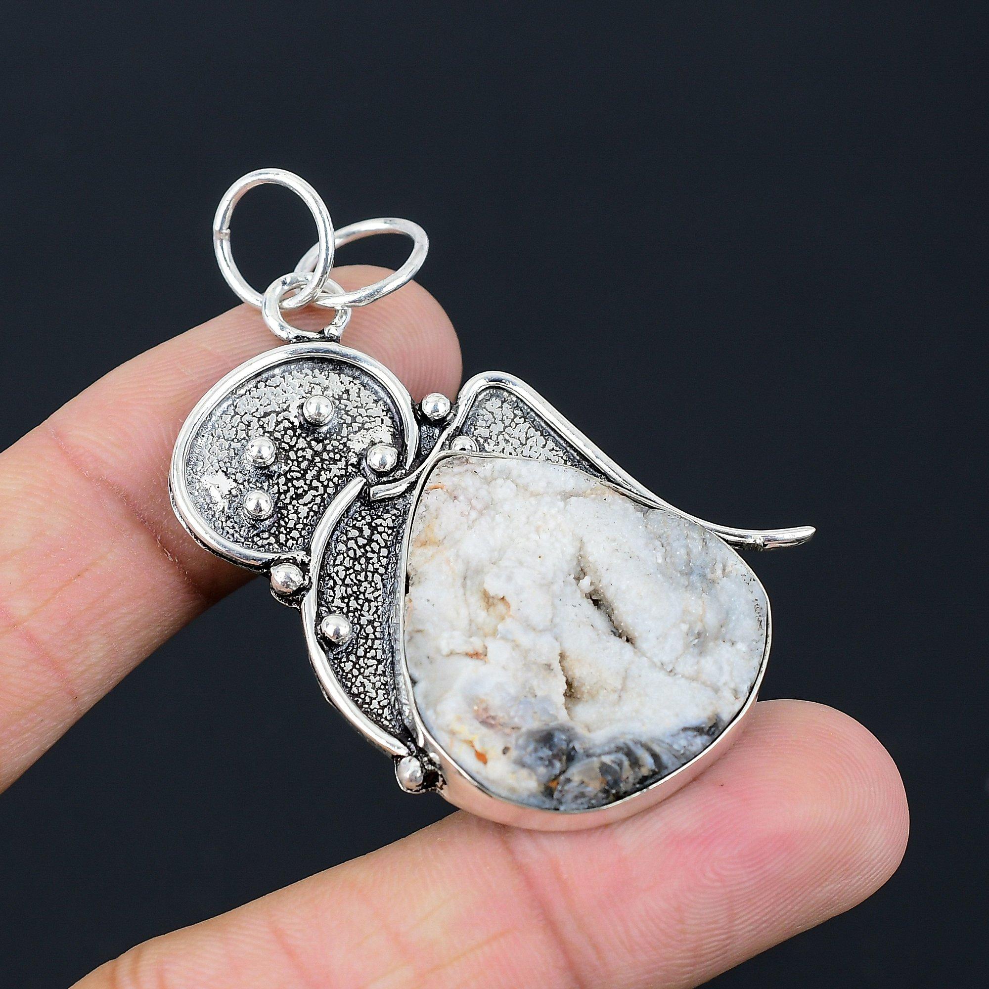 Natural Geode Agate Druzy Gemstone Jewelry 925 Sterling Silver Pendant For Women