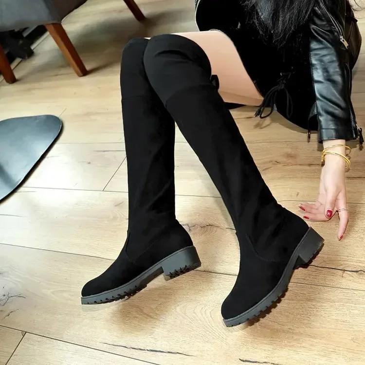 Stretch Long Faux Suede Boots Women Over-the-knee Boots Casual Black Sexy Nightclub Platform Shoes for Women Autumn Women Bottes