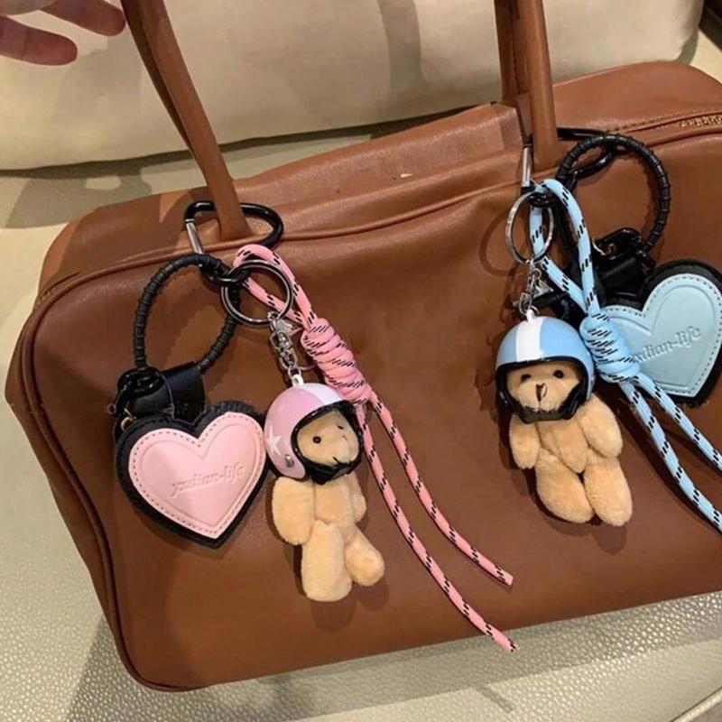 Ciondolo a forma di orso con elmetto carino, fai da te, portachiavi per auto, decorazione con corda intrecciata, appeso, portachiavi per cellulare, borsa, accessori