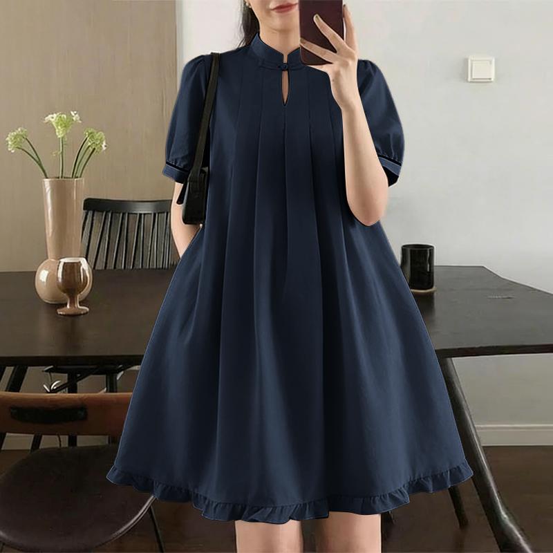 ZANZEA Women Casual Stand Collar Loose A-Line Short Sleeve Dress