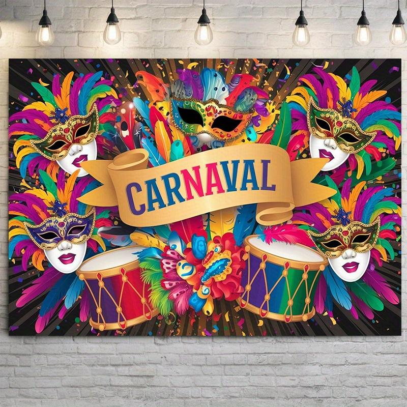 Carnaval Mardi Gras Mask Drum Party Tapestry Brazilian Festival Celebration Music Colorful Feather Banner Wall Art Decor 2D Flat