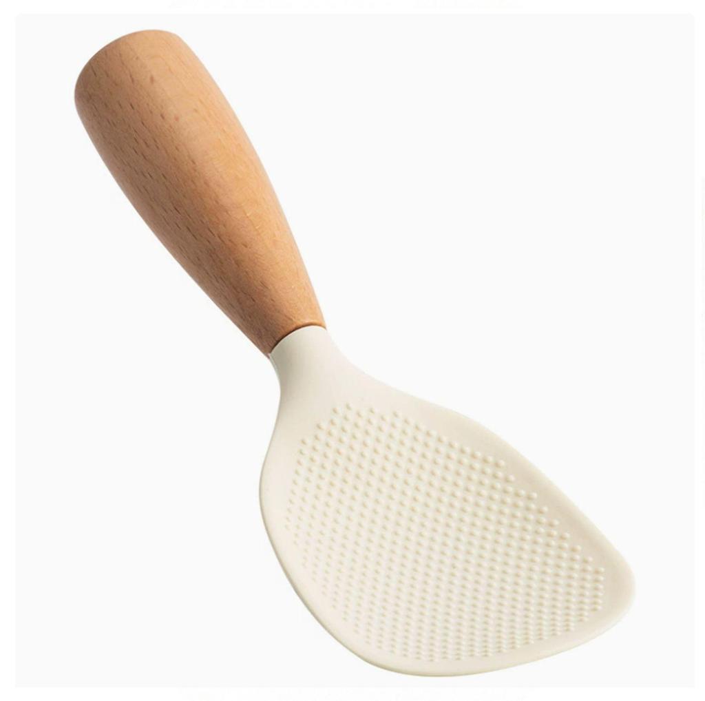 Non-stick Silicone Rice Spoon with Anti-slip, Heat-resistant Wooden Handle