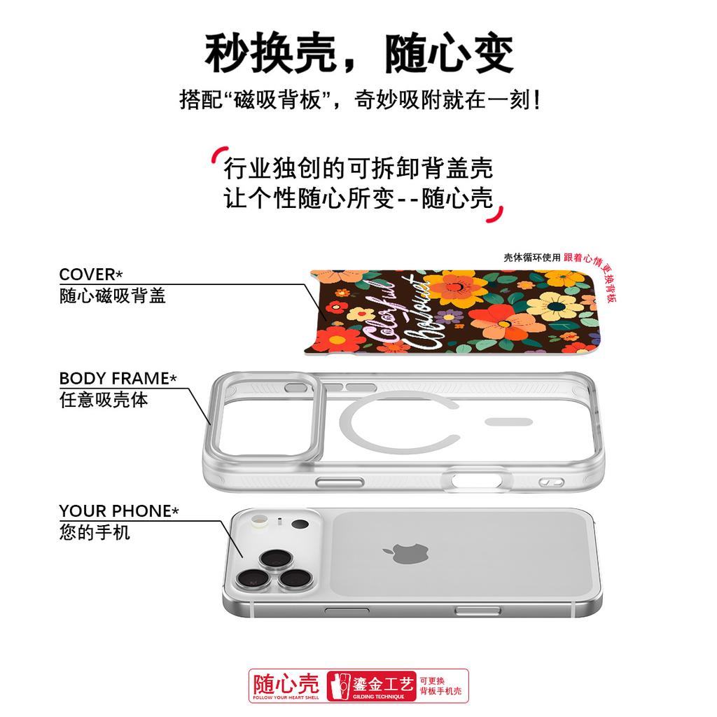 Applicable To Apple 17pro Mobile Phone Case, Advanced Sense 16 Replaceable Back Plate 15promax Magnetic Mobile Phone Case, Multi-color Flower