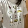 Kawaii Food Character Graphic T-Shirt Women's Loose Casual Tee Cute Bread Veggie Print Black White Crewneck Top