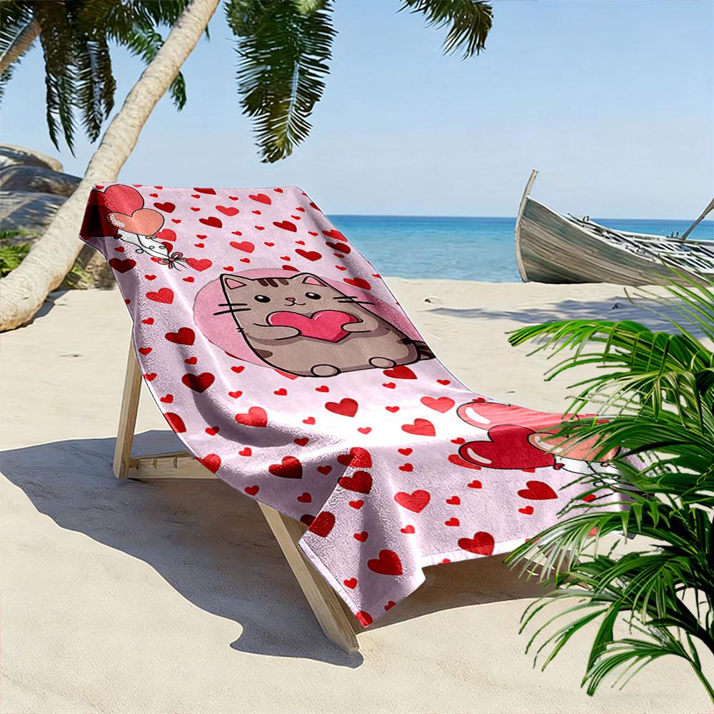 Cute Cat with Hearts Pattern Beach Towel Quick-drying for Travel Outdoor Sports Jogging Beach and Swimming