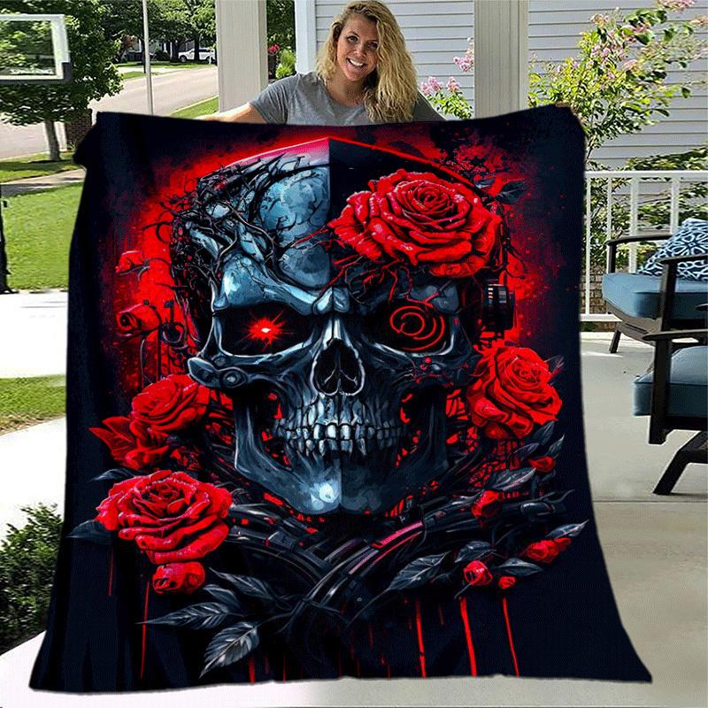 1pc Skull Printing Lightweight Flannel Blanket, Comfortable and Warm Blanket, for Camping Sofa Bed and Couch Office, Gift