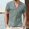 Plus Size Men's Summer Comfortable Thin Breathable Short Sleeve Linen T-Shirt Simple Fashion Solid Stand Collar Button Top with Pocket
