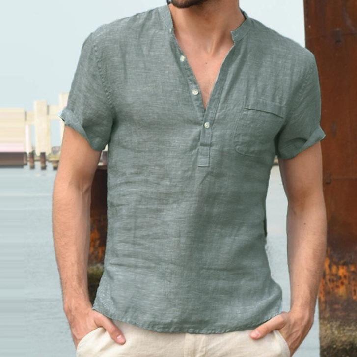 Plus Size Men's Summer Comfortable Thin Breathable Short Sleeve Linen T-Shirt Simple Fashion Solid Stand Collar Button Top with Pocket