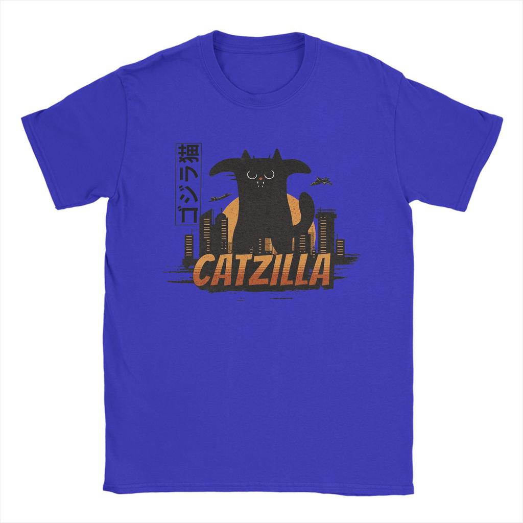 Herren T-Shirts Lustig Vintage Katze Catzilla König des Monsters Vintage Reine Baumwolle T-Shirts Kurzarm T-Shirts Rundhals Tops Geschenkidee