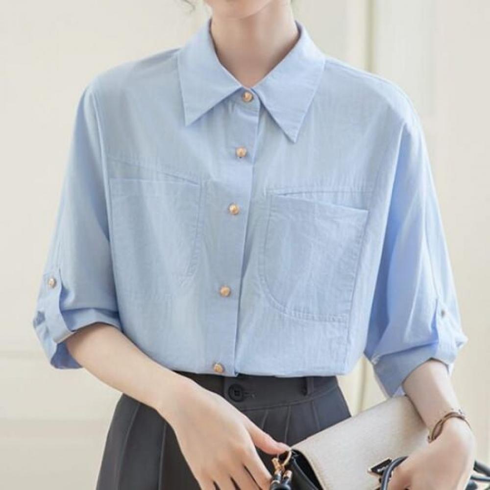 Navava Women Casual Retro Short Sleeve Collar Shirt Nb2807