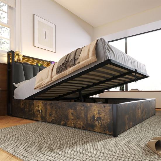 Upholstered Bed Metal Bed LED App-Control Double Bed with Charging USB Charging Function Headboard And LED Light, Metal Bed 140x200cm Wooden Slatted