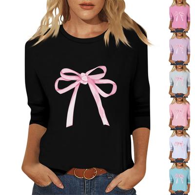 Ladies' Fashionable And Casual Seven Quarter Sleeve Bow Printed Pullover Top