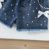Baby Girls 2-Piece Outfit, Ribbed Ruffle Neck Top and Embellished Denim Shorts