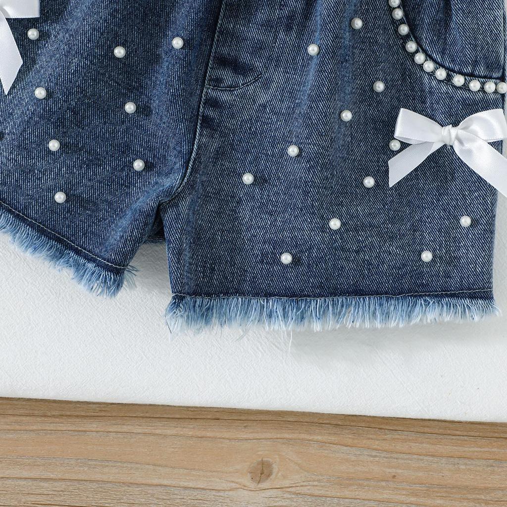 Baby Girls 2-Piece Outfit, Ribbed Ruffle Neck Top and Embellished Denim Shorts