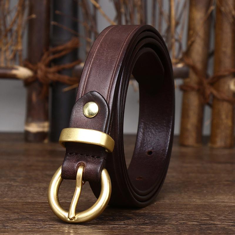 2.4Cm Wide Leather Belt Women'S Copper Buckle Korean Version Trendy Versatile Personalized Retro Pure Cowhide Jeans Belt
