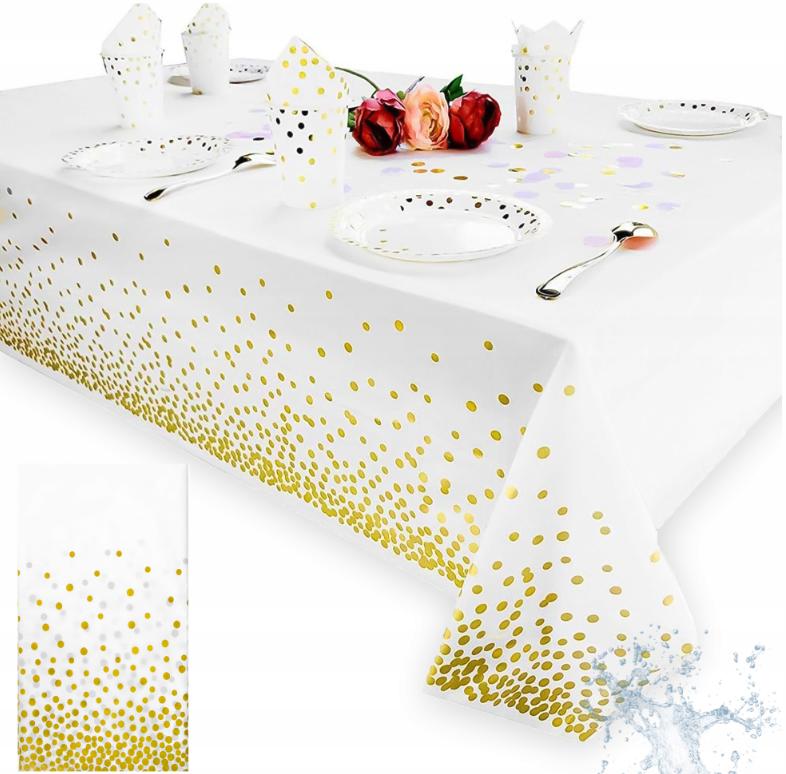 Disposable Tablecloth FOR a White Foil Table With Gold Confetti, Large 137x274 Cm