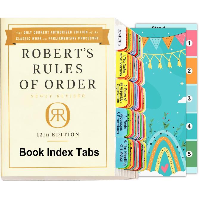 Индексные вкладки для Правил Роберта по порядку ведения собраний, Новое издание, 12-е издание, 84 цветные ламинированные вкладки из прозрачного ПВХ с направляющими, 73 важных раздела