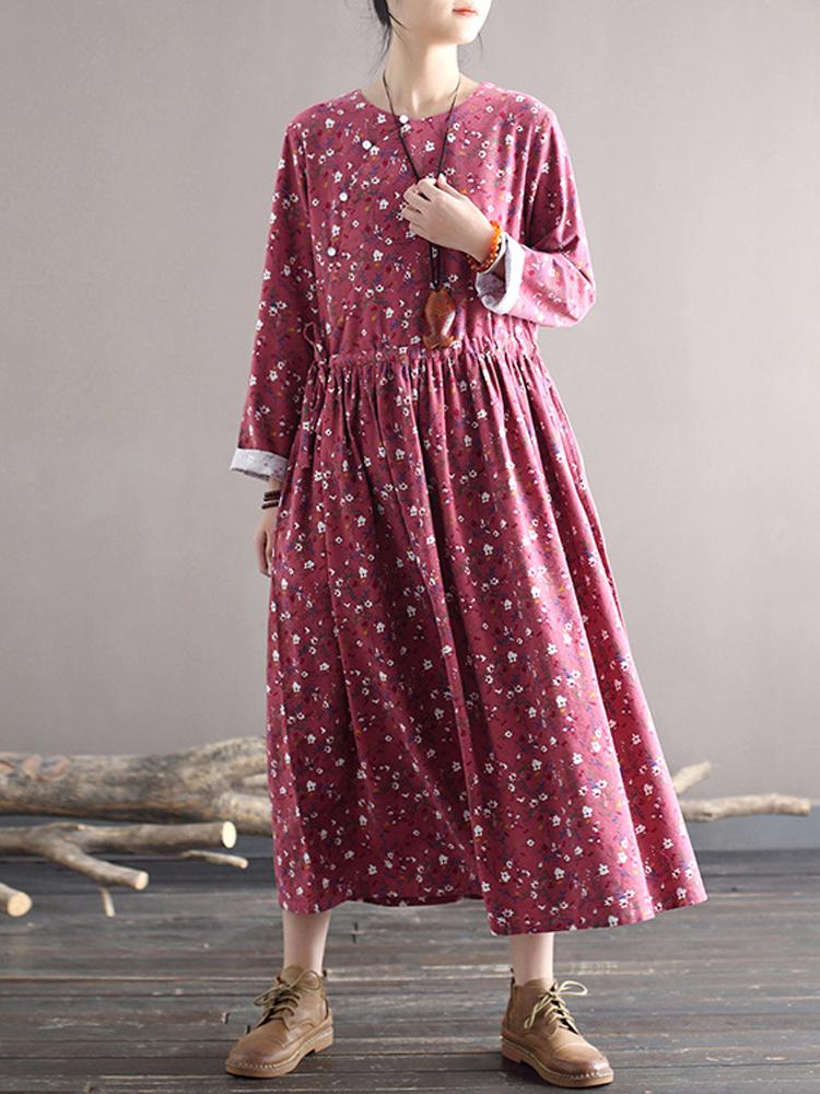 Johnature Women Chinese Style Vintage Dresses Long Sleeve Print Floral Robes Spring Button Women Clothes Soft Dresses