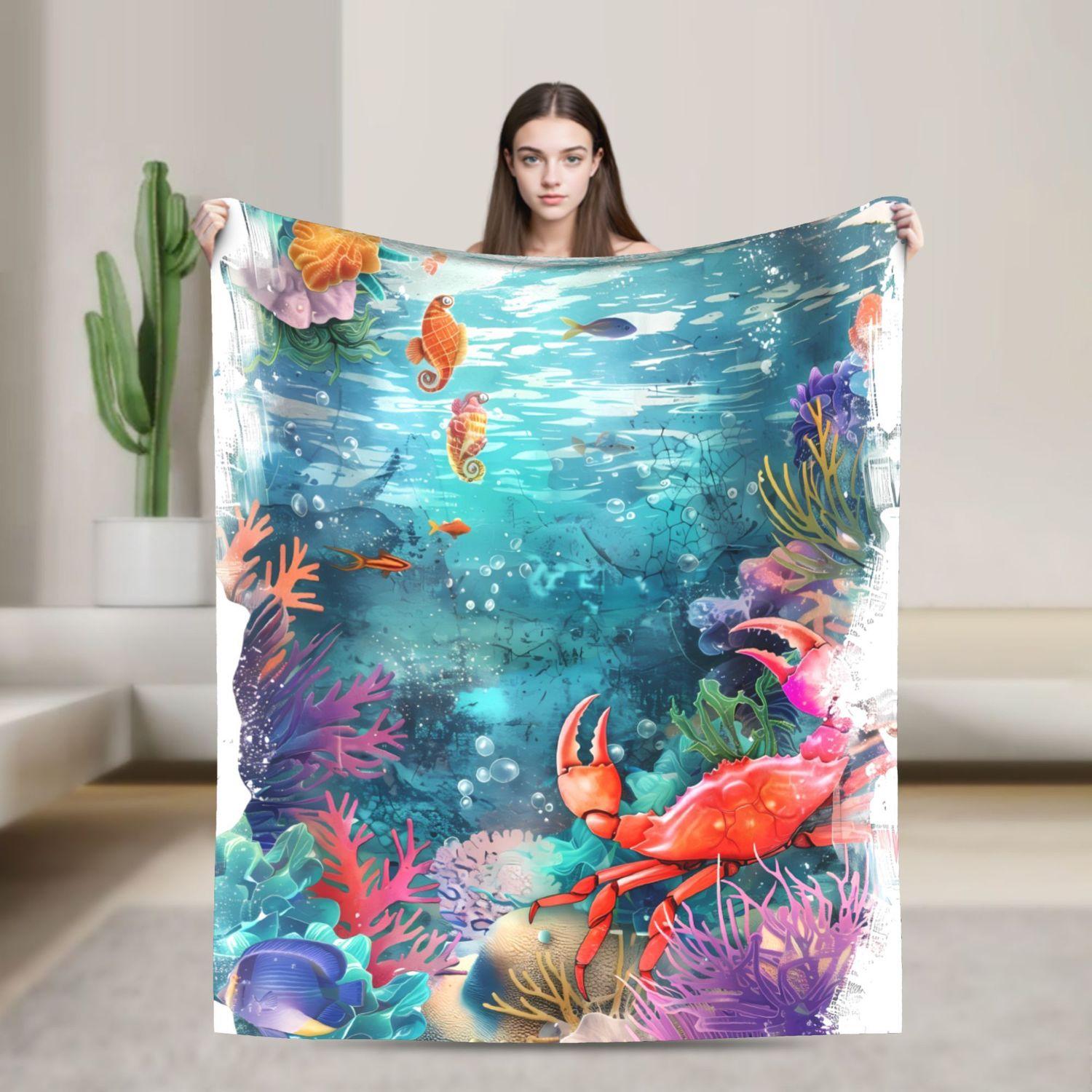 

Whimsical Ocean Crab Blanket - Sea Life Print Soft Sofa Throw 70x100cm