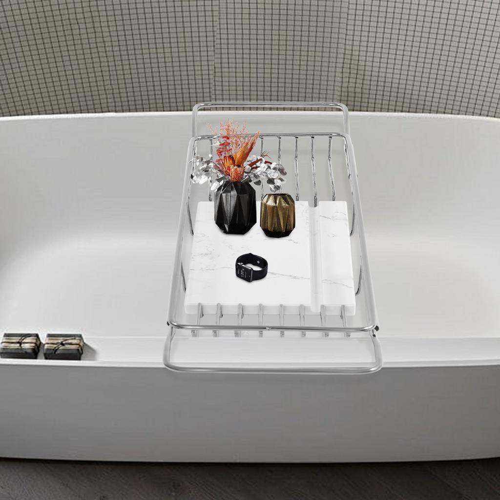 201 Stainless Steel 68-90CM Expandable Bathtub Tray,Silver+White Marble Rectangular Bathtub Tray,Bathtub Mount for Home