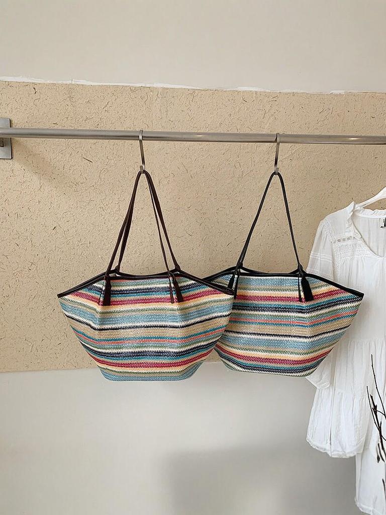 Women's Large Straw Woven Striped Tote - Single Shoulder Crossbody Bag, Casual Travel Handheld Shell Shape
