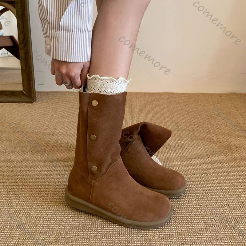 Comemore Soft Suede Leather Thick Bottom Retro Short Boots for Women Autumn Winter Casual Flat Button Casual Stacked Botines
