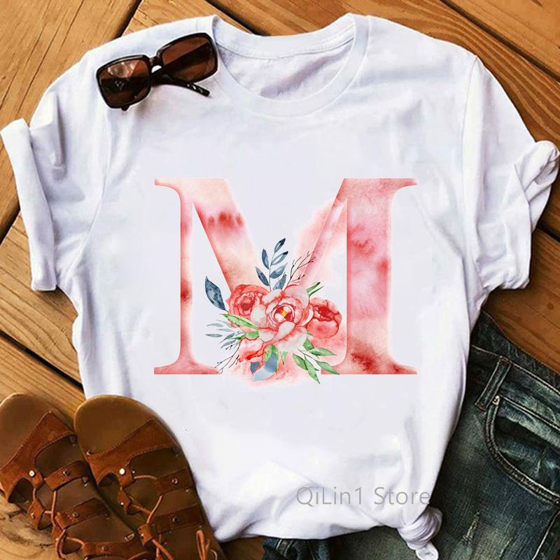 Floral Alphabet M Letter Print T-Shirt Women Summer Cute Top Female White Casual T Shirt Femme Graphic Tees Girls Tumblr Clothes