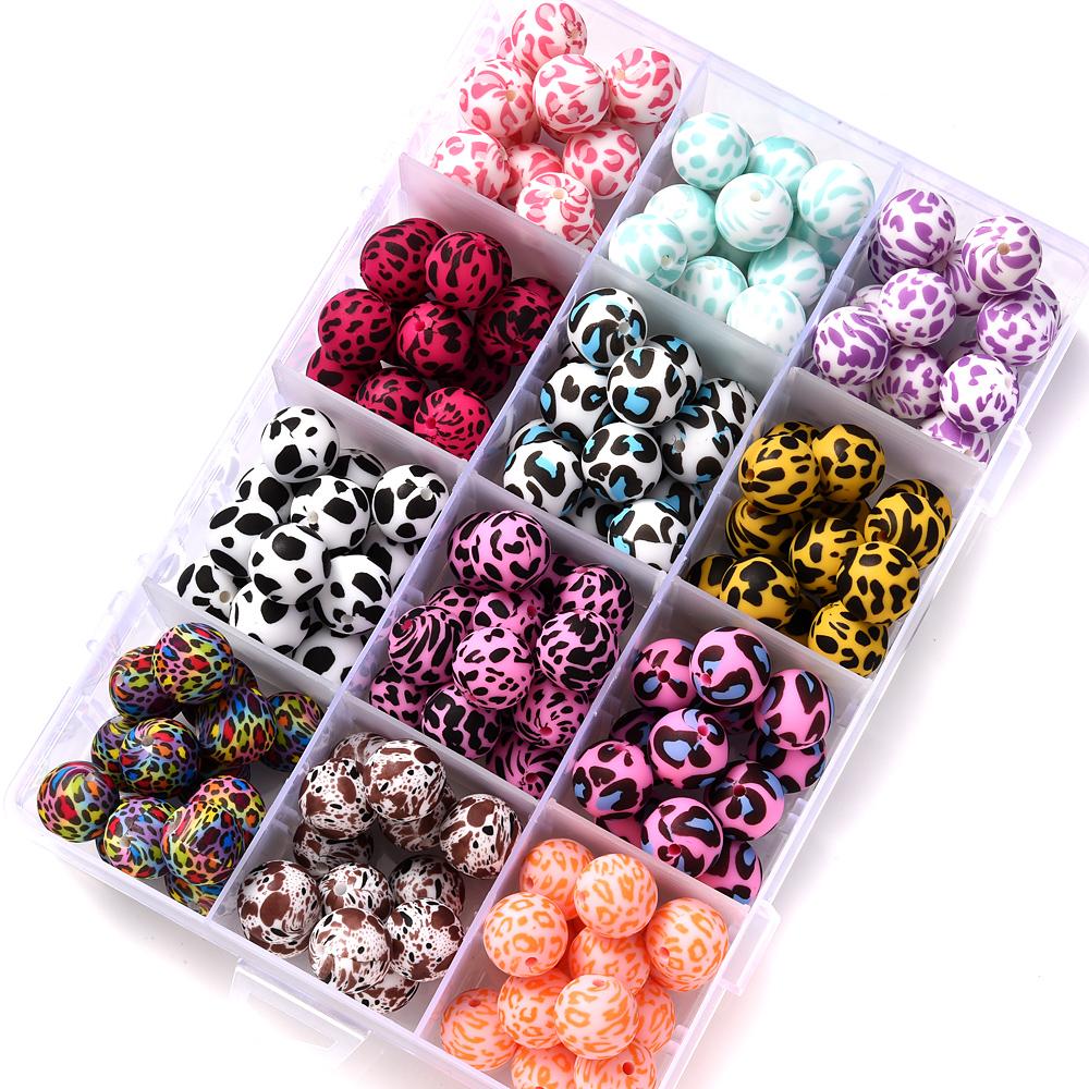 15mm 10Pcs Printed Silicone Beads Chewing Bead DIY Charms Newborn Nursing Accessories Necklace Pacifier Chain Teething Toy