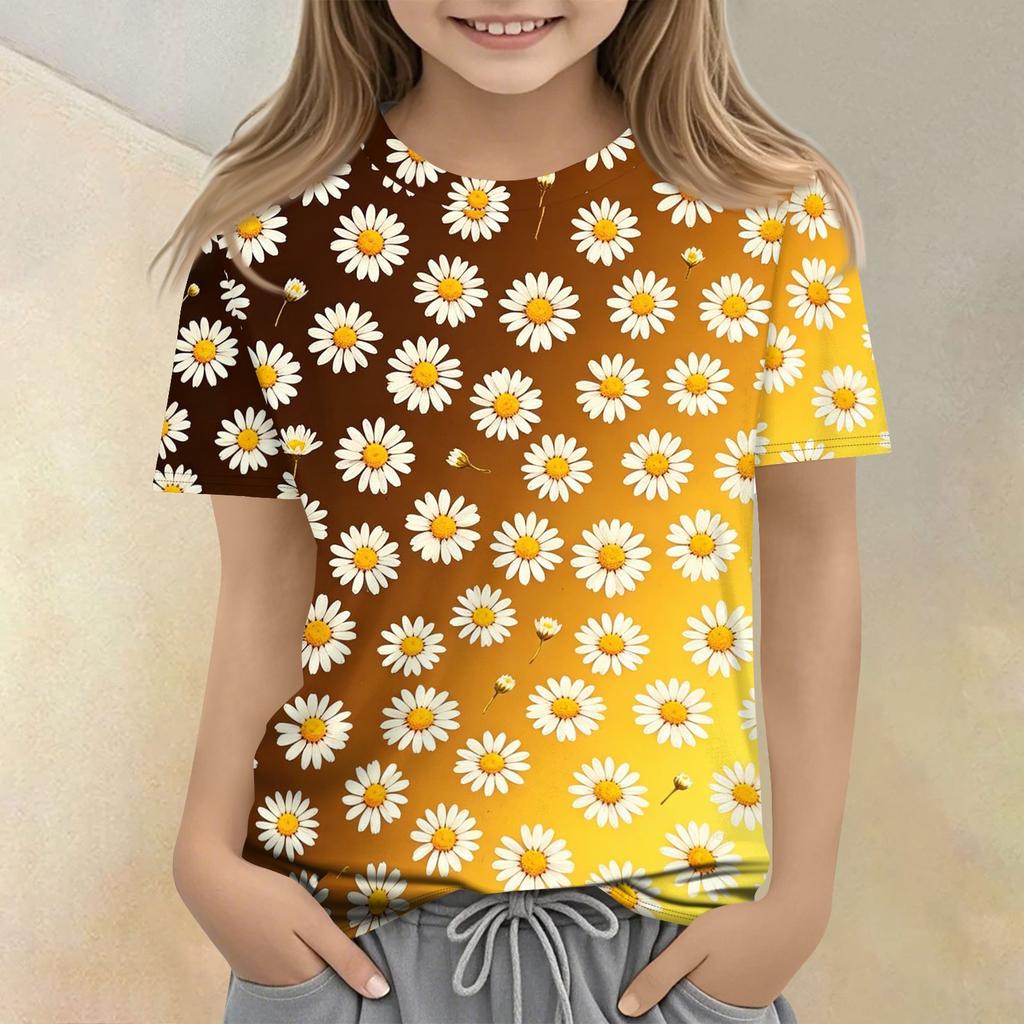 Tricou Casual cu Mânecă Scurtă și Imprimeu Floral pentru Copii, Croială Largă, Gât Rotund, Ușor și Respirabil, Tricou de Vară pentru Băieți și Fete