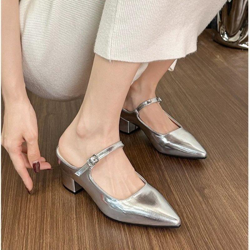Fashion Wearing Baotou High-heeled Shoes for Women in Summer New Pointed Toe Shallow Mouth with Square Heel Slippers