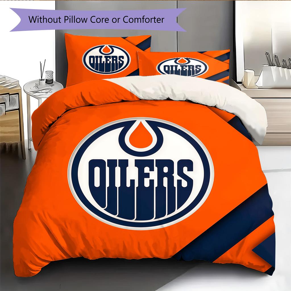 Edmonton Oilers Pattern Bedding Quilt Set  Home Decoration  Gift (1 * Duvet Cover + 2 * Pillowcase  Without Core)