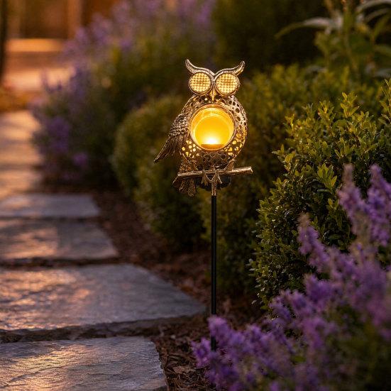 Solar Owl Garden Light, Outdoor Metal Owl Solar Light with Stake, LED Warm Glow Pathway Light for Backyard Patio Lawn Flower Bed
