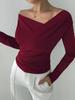 European & American Korean-Style Cross Neck Long Sleeve Top: Slimming Casual Solid Color for Spring & Autumn.