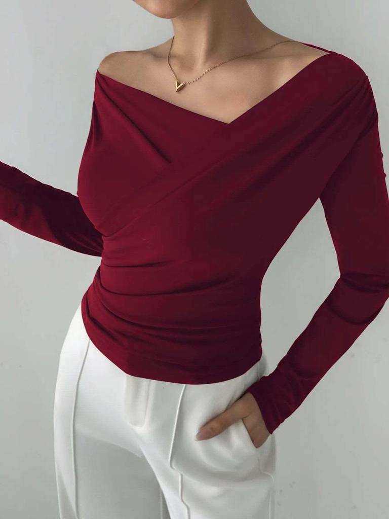 European & American Korean-Style Cross Neck Long Sleeve Top: Slimming Casual Solid Color for Spring & Autumn.