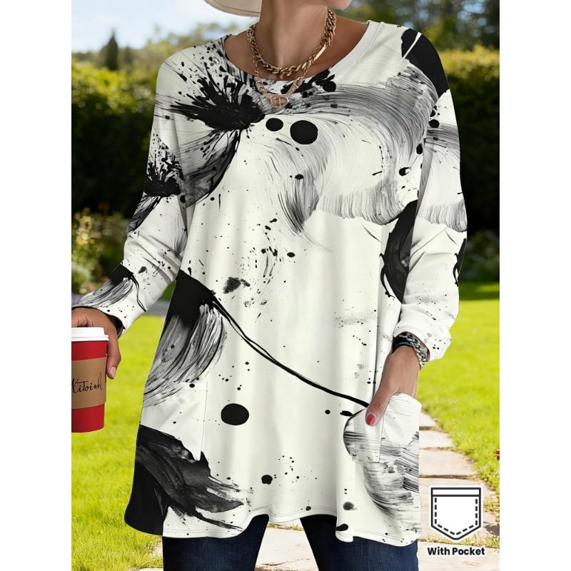 Women s plus size with pocket design ink print loose long-sleeved T-shirt for women 5XL