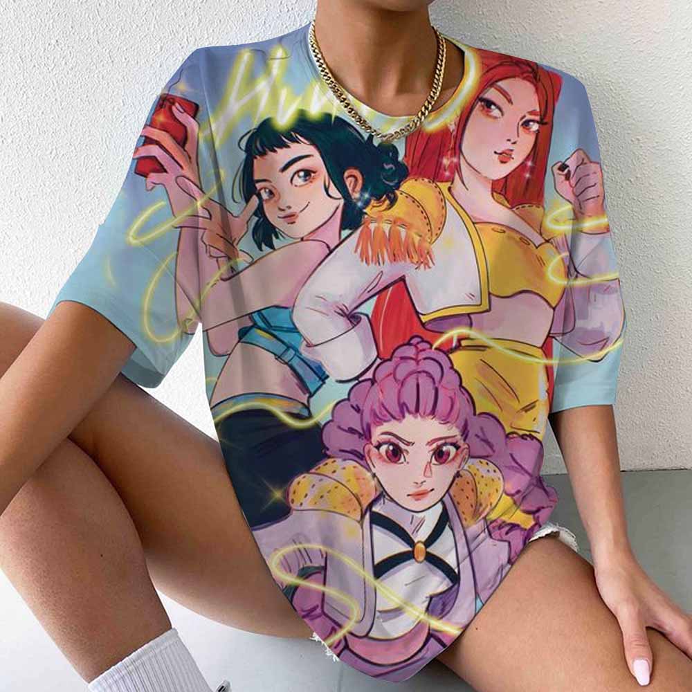 Cute Hot KPop Demon Hunters Print T-shirt Summer Casual Loose T Shirt Women Men Harajuku Shirts