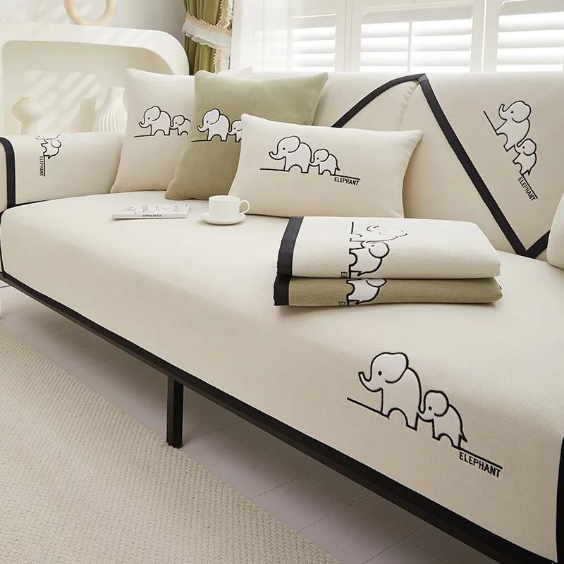 Chenille Four Seasons Universal Sofa Cushion Anti Slip Cartoon Panda Embroidered Sofa Cover Solid Color Couch Mat Backrest Towel