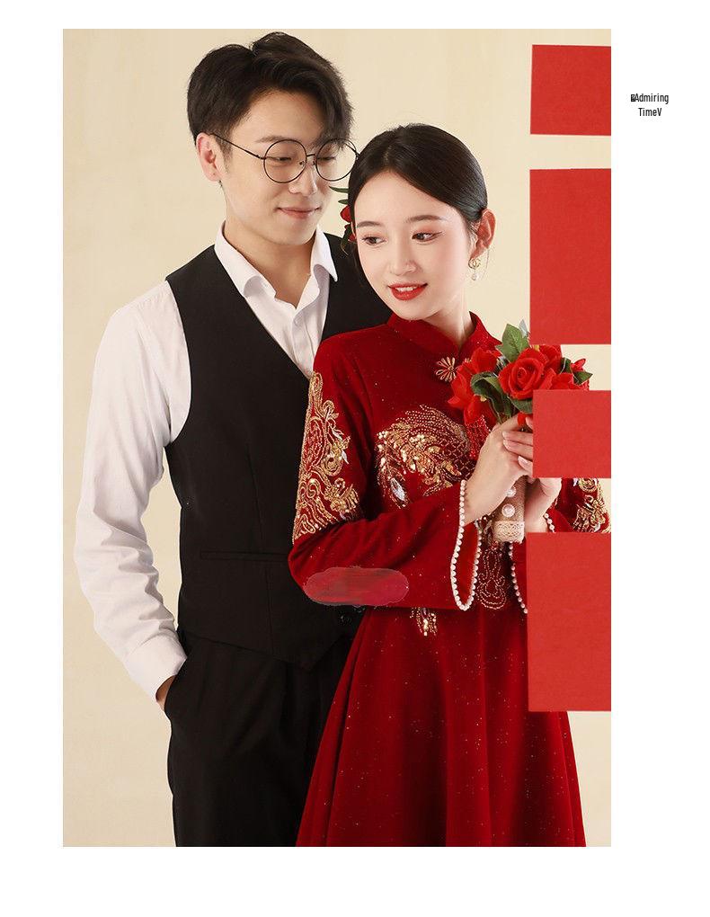 Red Wine Long-Sleeve Qipao Dress: Perfect for Weddings, Homecoming, or Engagements - A Casual Yet Elegant Chinese Autumn Bridal Gown.
